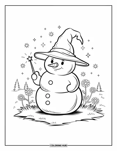 Coloriage de bonhomme de neige pour adultes : Un bonhomme de neige potelé coiffé d'un chapeau de magicien se dresse sur une parcelle d'herbe, tenant une minuscule baguette étoilée