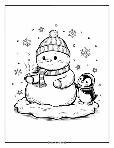 Coloriage de bonhomme de neige pour adultes : Un bonhomme de neige potelé est assis sur un monticule de neige moelleux, sirotant du cacao tandis qu’un pingouin tire sur son écharpe