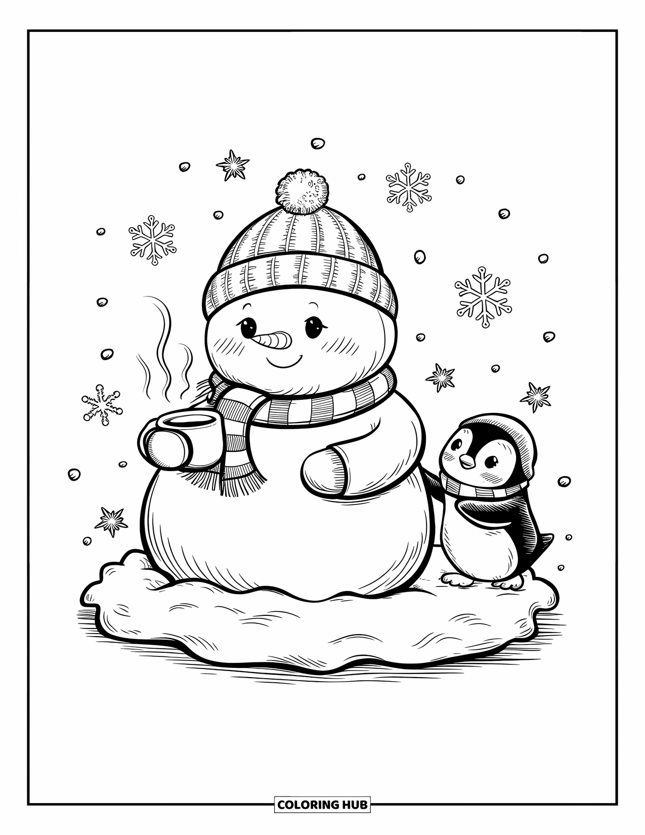 Desenho de boneco de neve para colorir para adultos: Um boneco de neve rechonchudo senta-se em um monte de neve fofo, bebendo chocolate enquanto um pinguim puxa seu cachecol