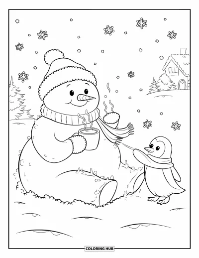 Coloriage de bonhomme de neige pour adultes : Un bonhomme de neige confortable savoure une tasse de cacao chaud tandis qu'un pingouin enjoué tire sur son écharpe