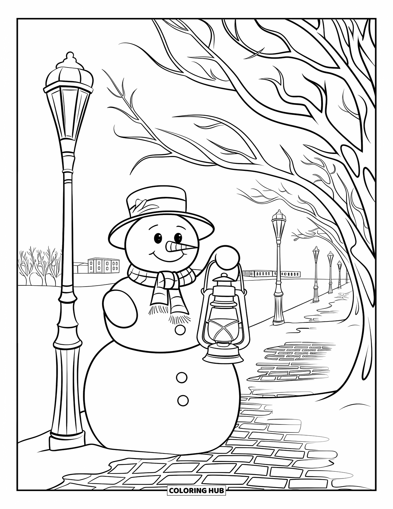 Desenho de boneco de neve para colorir para adultos: Um boneco de neve aconchegante ilumina o caminho com uma lanterna, em um caminho de paralelepípedos ladeado por postes de luz
