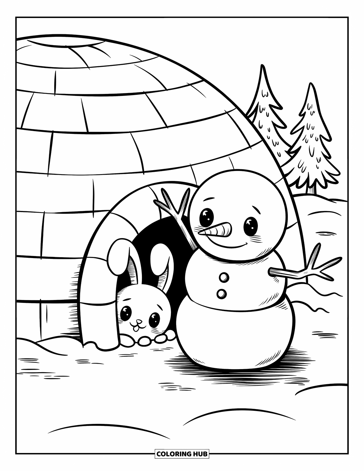 Desenho de boneco de neve para colorir para adultos: Um boneco de neve aconchegante recebe um coelho espiando dentro de um pequeno iglu, situado em uma paisagem nevada tranquila