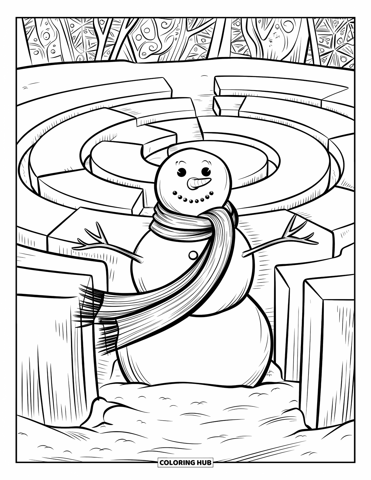 Desenho de boneco de neve para colorir para adultos: Um boneco de neve aconchegante com um cachecol esvoaçante está na entrada de um labirinto, cercado por padrões intrincados