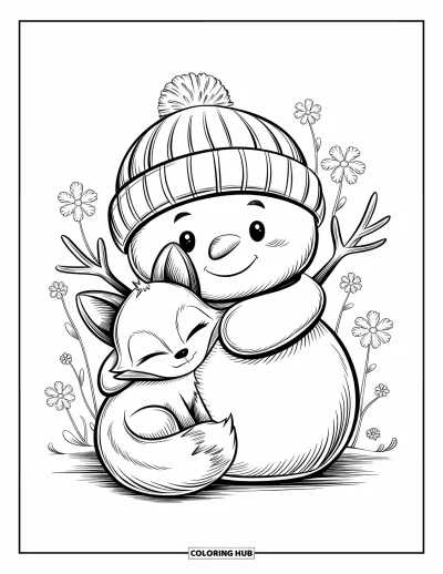 Coloriage de bonhomme de neige pour adultes : Un bonhomme de neige mignon avec un bonnet serre un petit renard dans ses bras, se reposant ensemble parmi de délicates fleurs embrassées par le givre