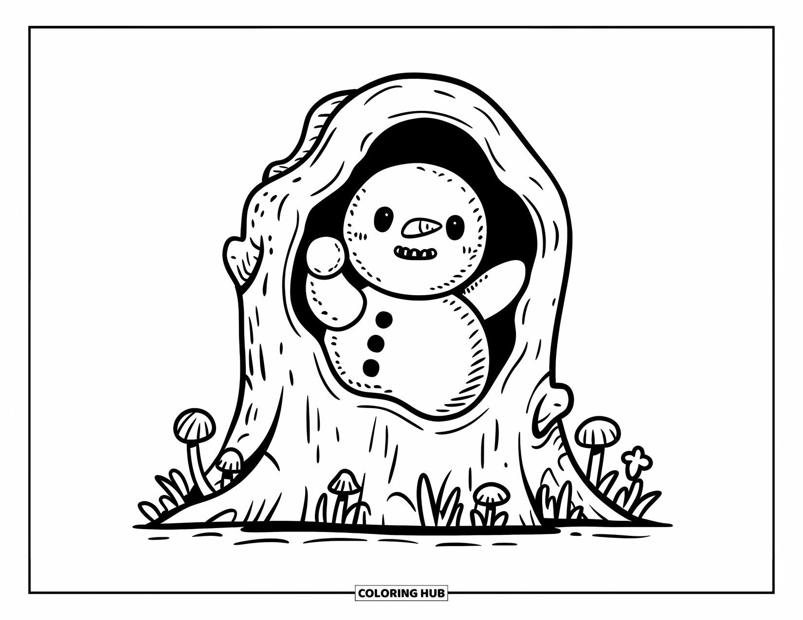 Desenho de boneco de neve para colorir para adultos: Um boneco de neve fofo espreita de um tronco de árvore, segurando uma pequena bola de neve com cogumelos e flores ao redor