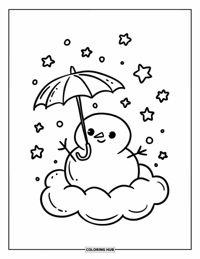 Coloriage de bonhomme de neige pour adultes : Un bonhomme de neige mignon est assis sur un nuage, attrapant des flocons de neige avec un parapluie, entouré d'étoiles scintillantes