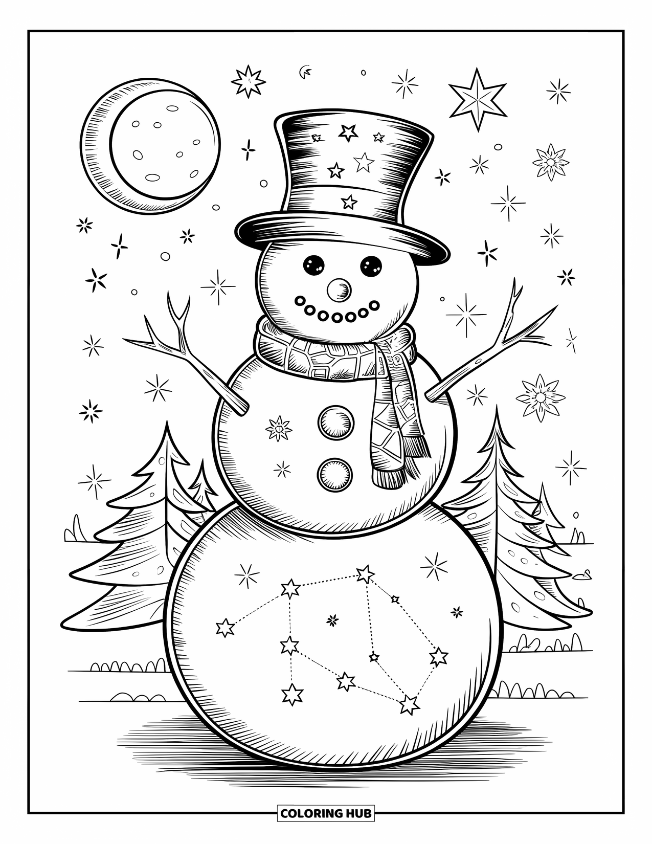 Desenho de boneco de neve para colorir para adultos: Um boneco de neve sonhador decorado com estrelas e constelações está sob uma lua brilhante e flocos de neve cintilantes