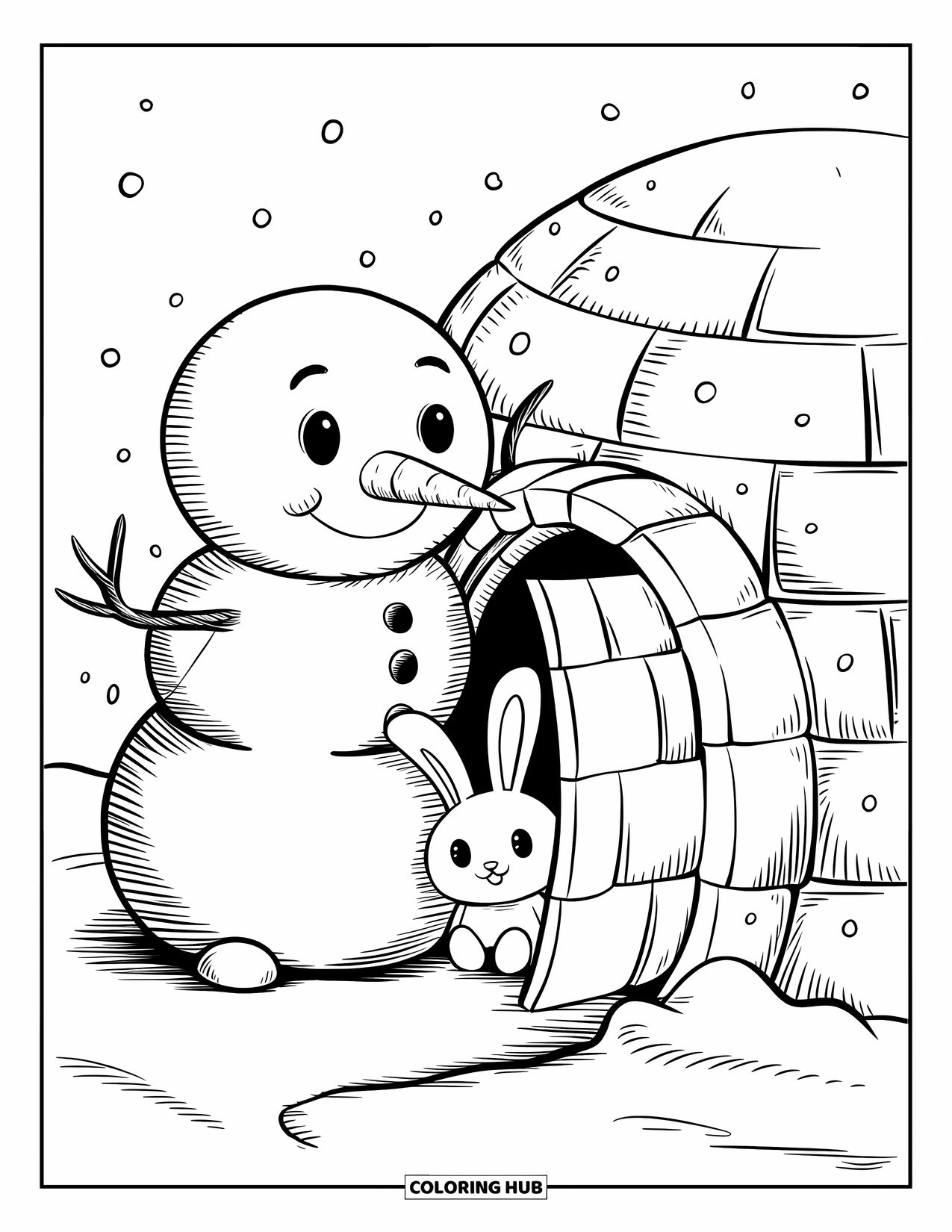Desenho de boneco de neve para colorir para adultos: Um boneco de neve amigável abre a porta de um pequeno iglu, enquanto um coelho curioso espreita ansiosamente para dentro