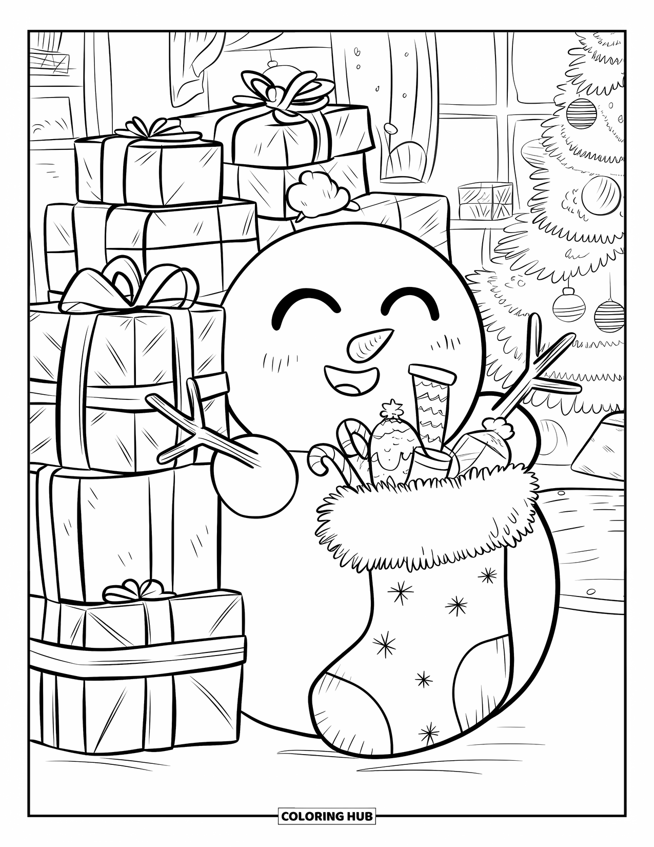 Desenho de boneco de neve para colorir para adultos: Um boneco de neve rindo espreita por trás de uma pilha de presentes embrulhados, segurando uma meia fofa