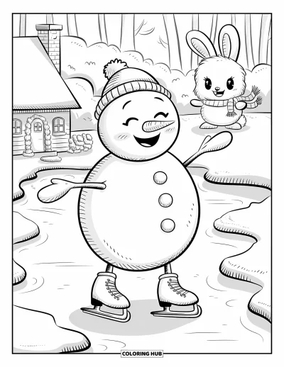 Coloriage de bonhomme de neige pour adultes : Un joyeux bonhomme de neige chancelle sur des patins, en équilibre sur la glace, tandis qu'un lapin avec une minuscule écharpe regarde