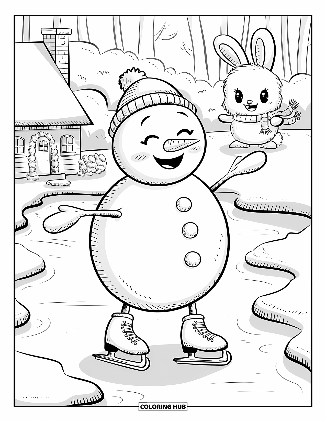 Desenho de boneco de neve para colorir para adultos: Um boneco de neve feliz cambaleia em patins, se equilibrando no gelo enquanto um coelho com um pequeno cachecol observa