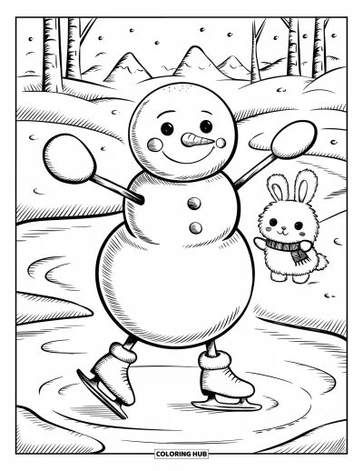 Coloriage de bonhomme de neige pour adultes : Un bonhomme de neige joyeux chancelle sur un étang de glace avec de minuscules patins, tandis qu’un lapin moelleux regarde à proximité