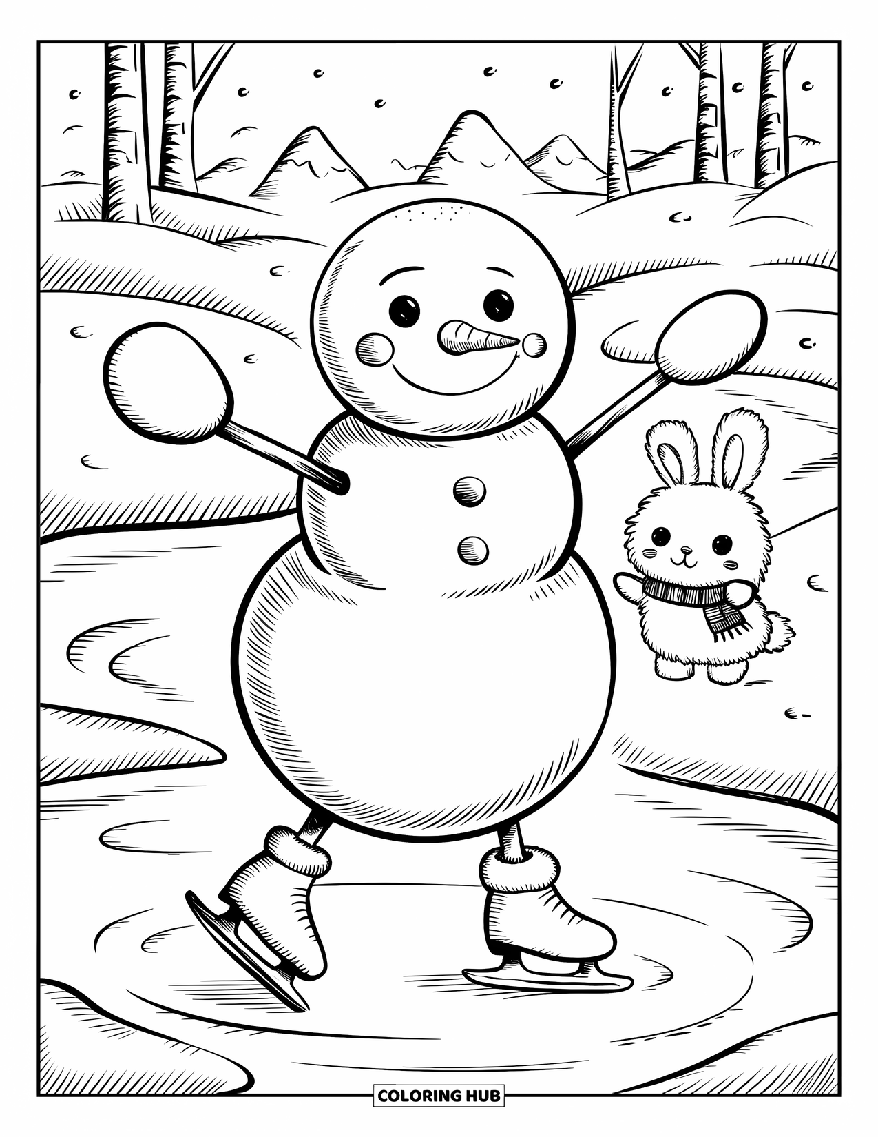 Desenho de boneco de neve para colorir para adultos: Um boneco de neve alegre cambaleia em um lago de gelo em pequenos patins, enquanto um coelho fofo observa por perto