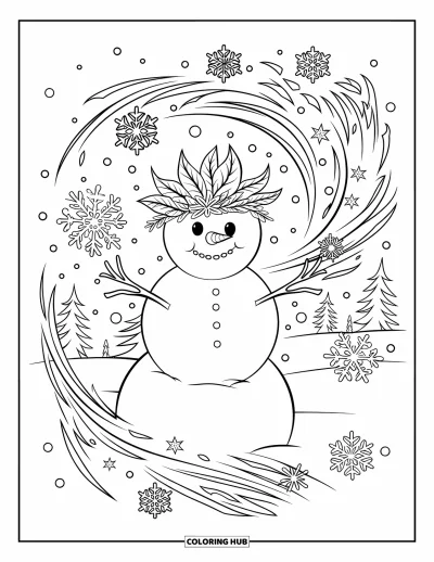 Coloriage de bonhomme de neige pour adultes : Un bonhomme de neige mystique portant une couronne de feuilles gelées se tient dans des vents hivernaux tourbillonnants remplis de délicats flocons de neige