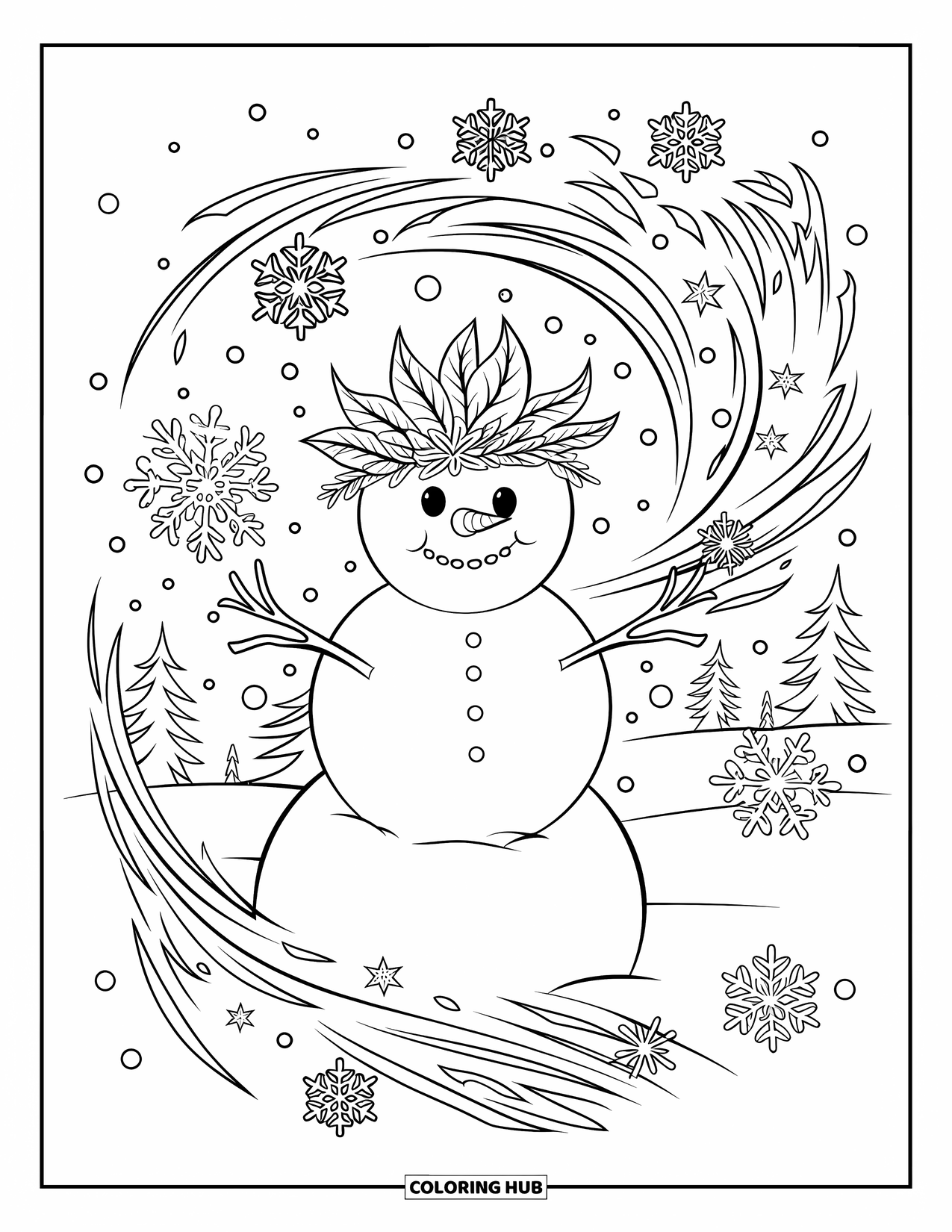 Desenho de boneco de neve para colorir para adultos: Um boneco de neve místico usando uma coroa de folha congelada está em ventos de inverno rodopiantes cheios de delicados flocos de neve