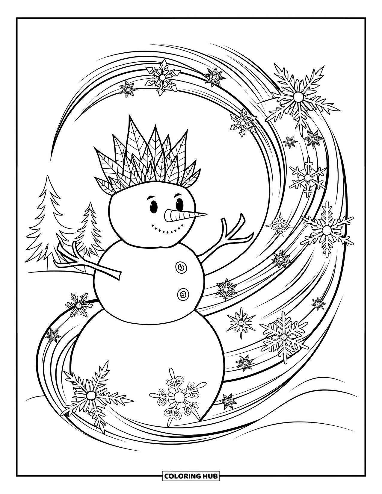 Desenho de boneco de neve para colorir para adultos: Um boneco de neve místico com uma coroa de folha congelada está em um vento de inverno cheio de intrincados flocos de neve