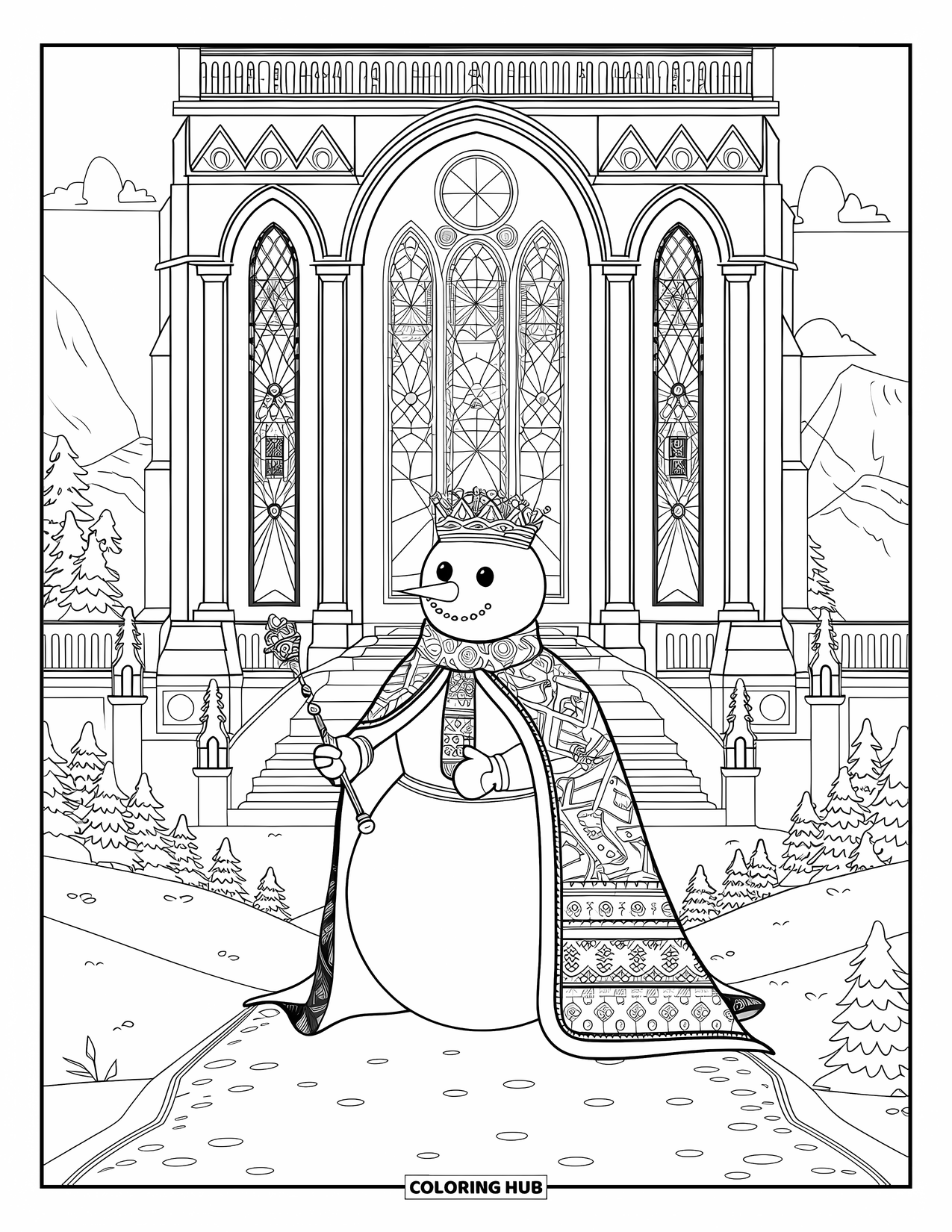 Desenho de boneco de neve para colorir para adultos: Um boneco de neve nobre usando uma coroa e uma capa está diante de uma catedral majestosa com detalhes intrincados