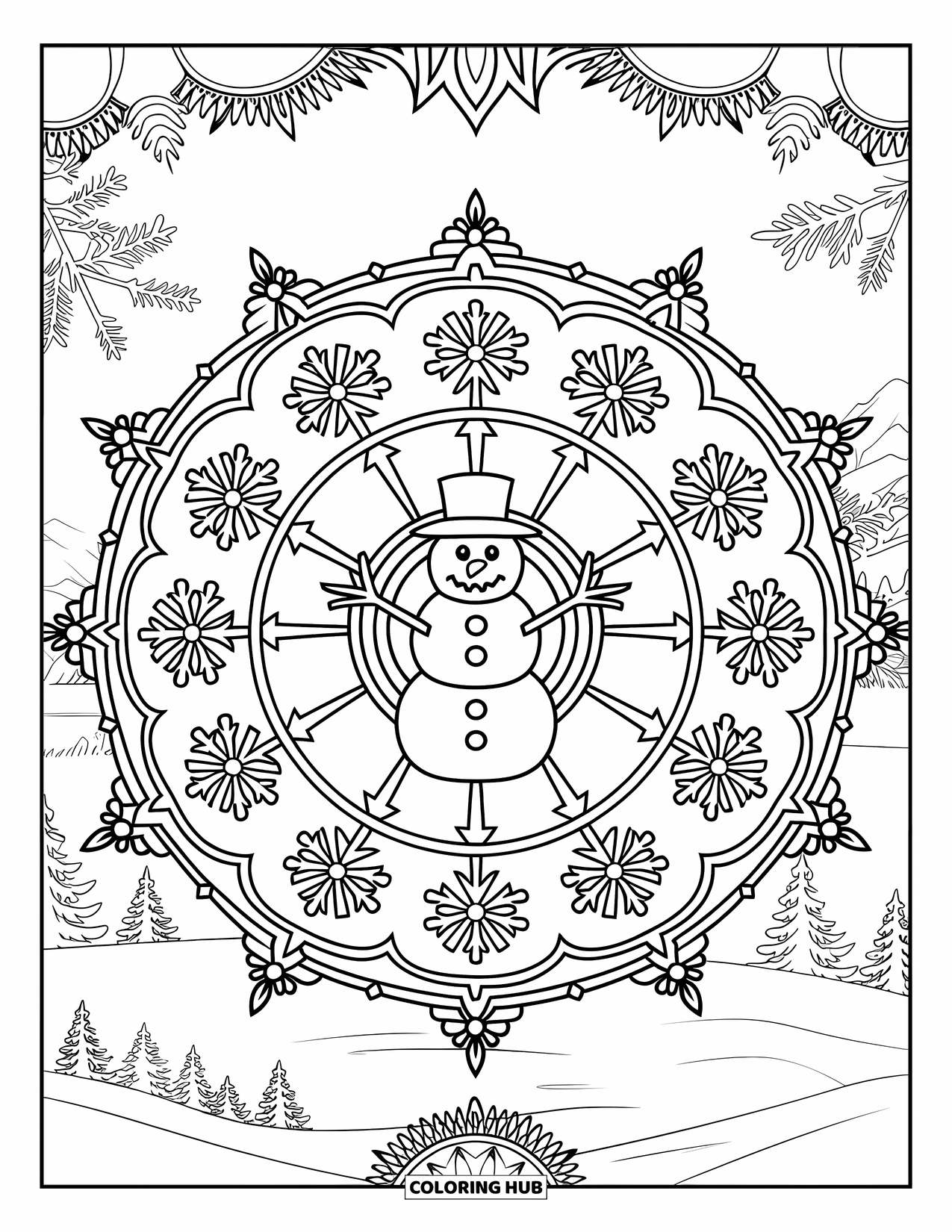 Desenho de boneco de neve para colorir para adultos: Um boneco de neve pacífico é emoldurado por uma mandala detalhada, com flocos de neve irradiando para fora em uma cena de inverno