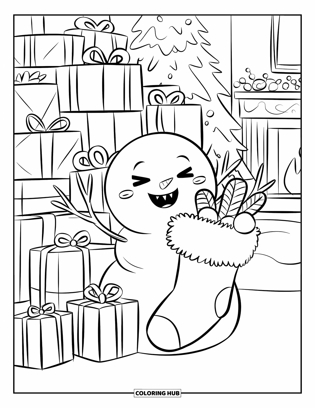 Desenho de boneco de neve para colorir para adultos: Um boneco de neve brincalhão se esconde atrás de uma pilha de presentes, rindo enquanto segura uma meia fofa