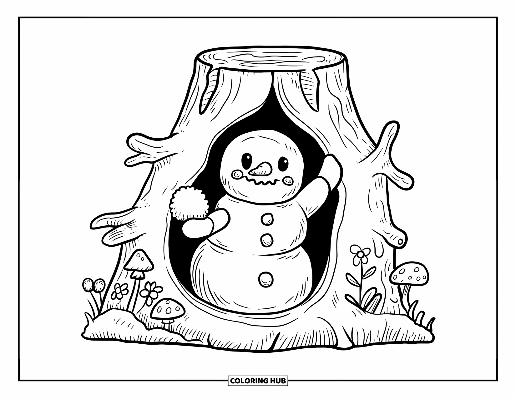 Desenho de boneco de neve para colorir para adultos: Um boneco de neve brincalhão espreita de um tronco de árvore oco, cercado por pequenos cogumelos e flores
