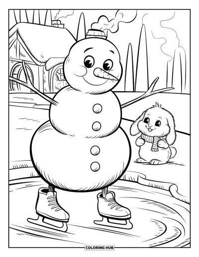 Coloriage de bonhomme de neige pour adultes : Un bonhomme de neige enjoué patine sur un étang de glace, les bras tendus, tandis qu’un lapin moelleux regarde