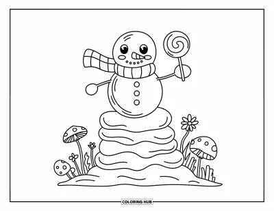 Coloriage de bonhomme de neige pour adultes : Un bonhomme de neige enjoué avec un grand nœud papillon fait tournoyer une sucette tout en se tenant sur des piles de neige moelleuses