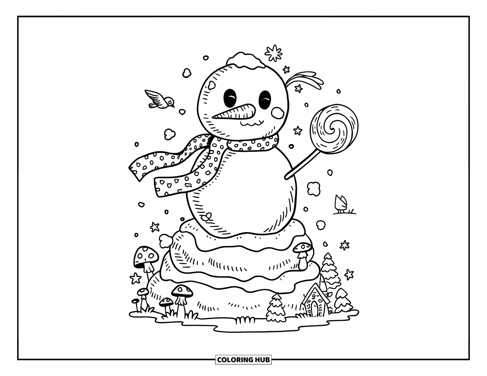 Desenho de boneco de neve para colorir para adultos: Um boneco de neve brincalhão com uma gravata borboleta flexível gira um pirulito enquanto está em pilhas de neve fofas