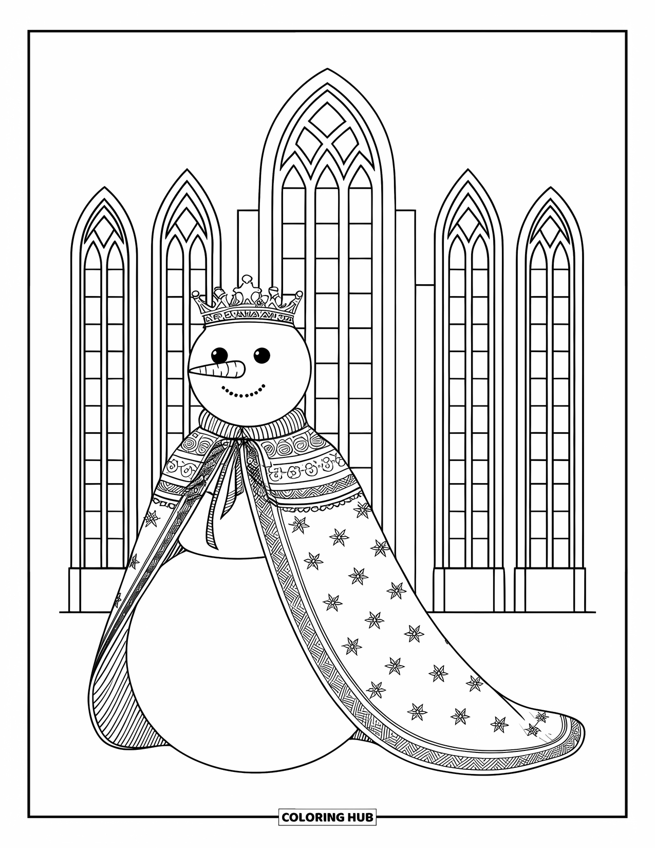 Desenho de boneco de neve para colorir para adultos: Um boneco de neve majestoso com uma capa estampada está diante de uma grande catedral com vitrais imponentes