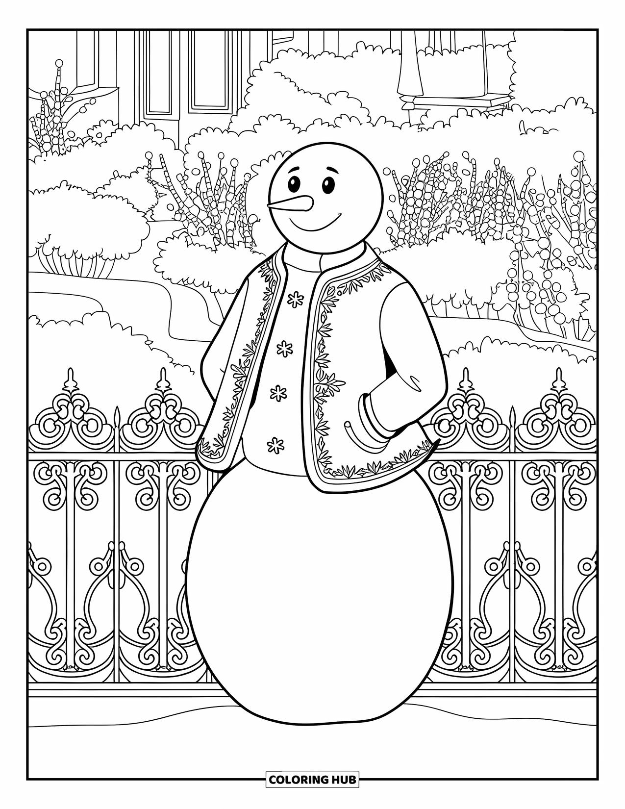 Desenho de boneco de neve para colorir para adultos: Um boneco de neve majestoso com um casaco bordado está perto de uma cerca detalhada, com vista para um jardim nevado