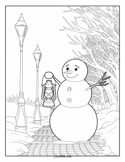 Coloriage de bonhomme de neige pour adultes : Un bonhomme de neige tenant une lanterne se tient sur un chemin pavé bordé de lampadaires et de branches d'arbres sinueuses
