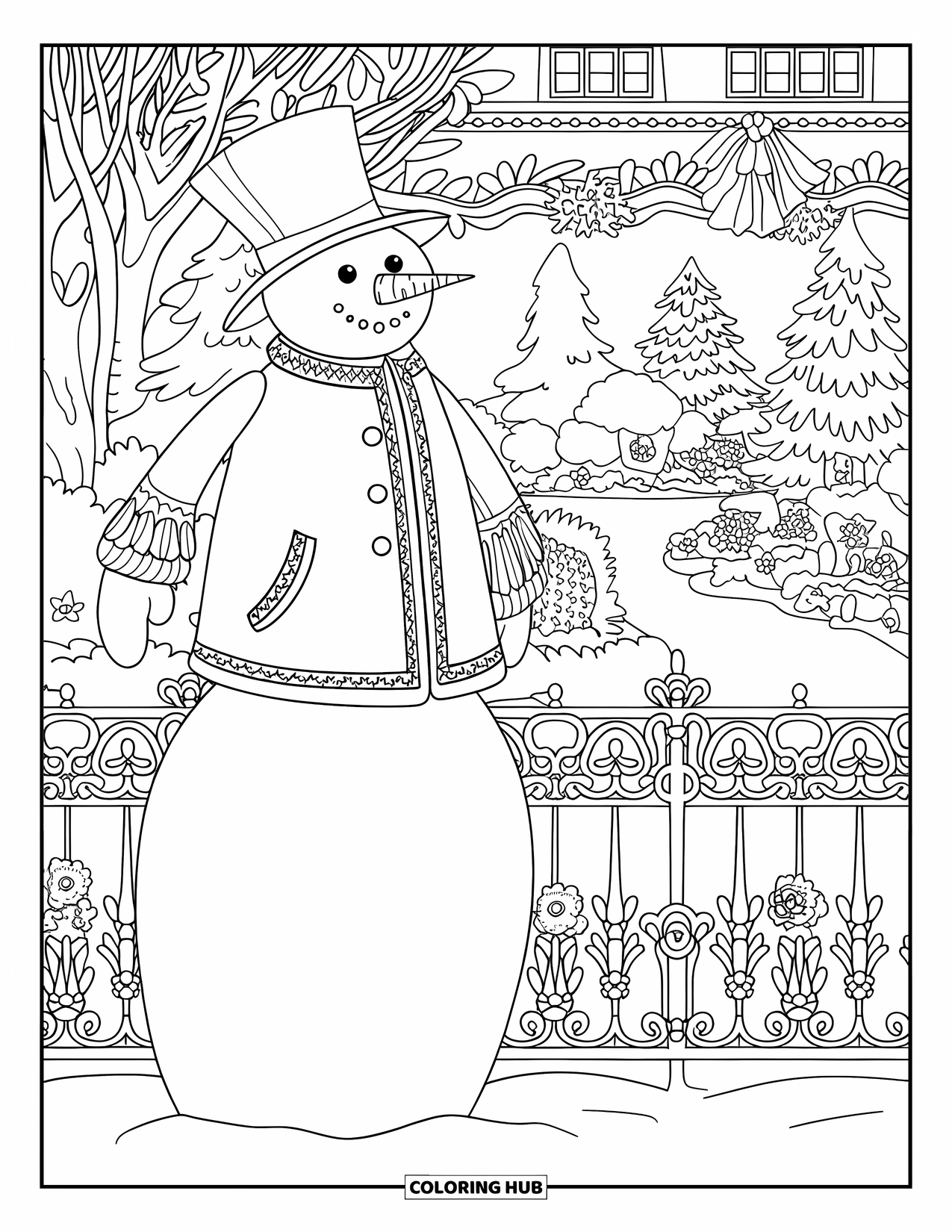 Desenho de boneco de neve para colorir para adultos: Um boneco de neve com um casaco decorado está perto de uma cerca de ferro forjado, com um jardim de inverno ao fundo