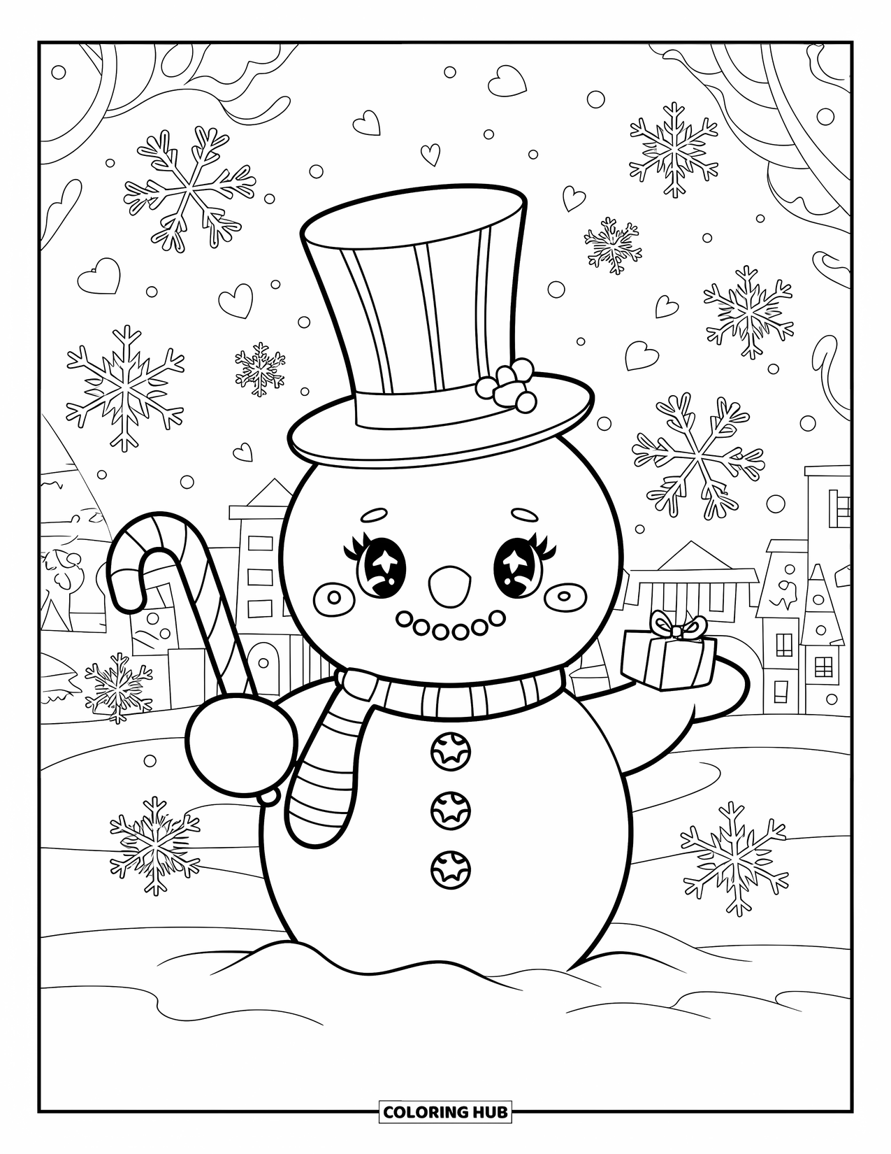 Desenho de boneco de neve para colorir para adultos: Um boneco de neve com uma cartola alta e fantasiosa segura uma bengala doce e um pequeno presente embrulhado