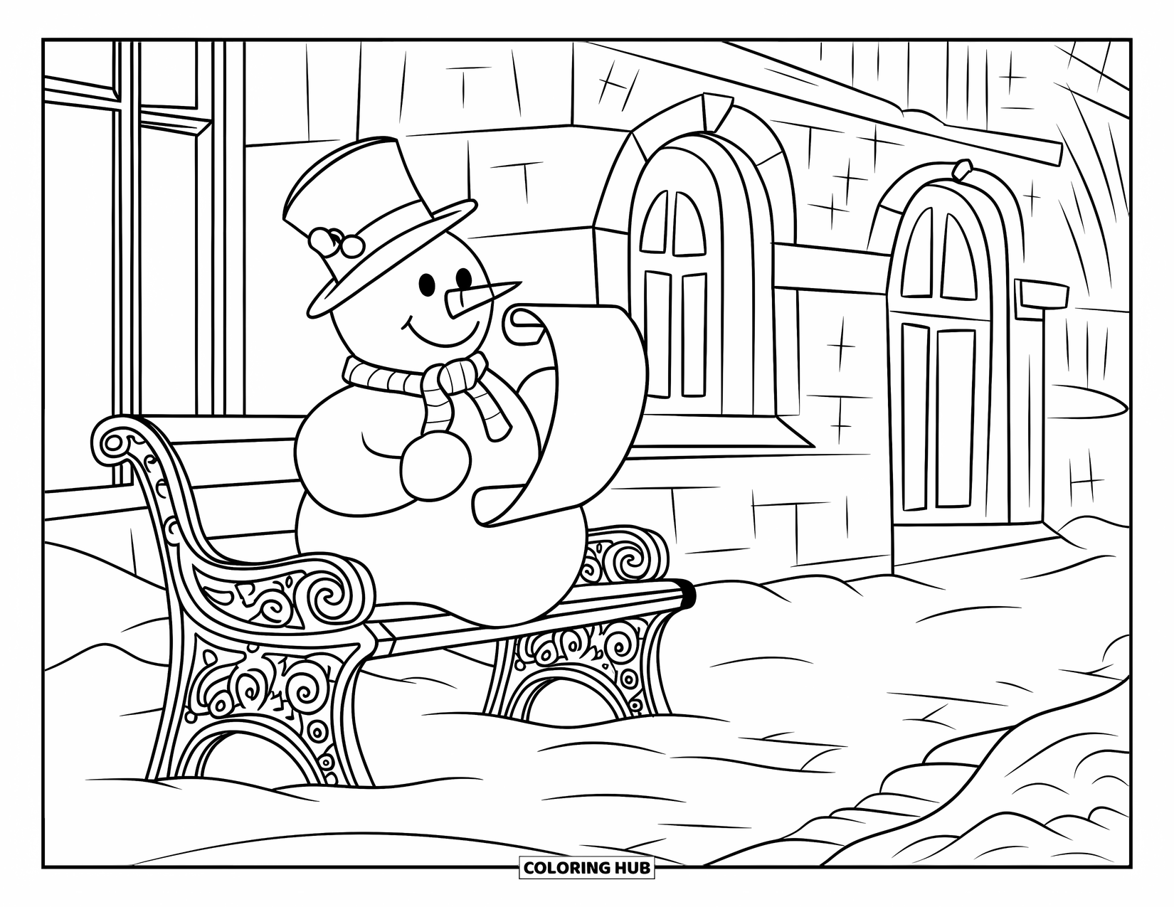 Desenho de boneco de neve para colorir para adultos: Um boneco de neve com cartola e cachecol senta-se em um banco ornamentado, segurando um pergaminho perto de um edifício de pedra