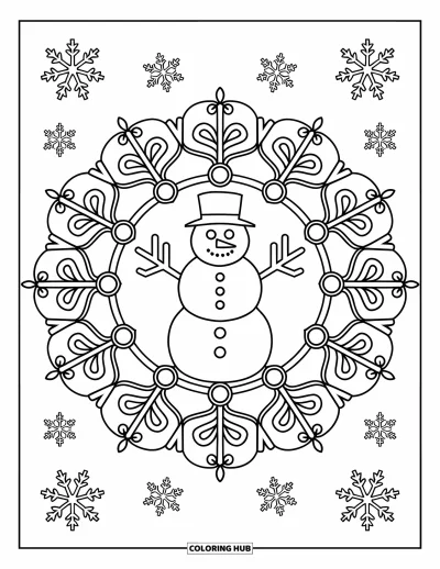 Coloriage de bonhomme de neige pour adultes : Un bonhomme de neige est assis au centre d'un mandala détaillé, entouré de flocons de neige ornés et de symboles hivernaux