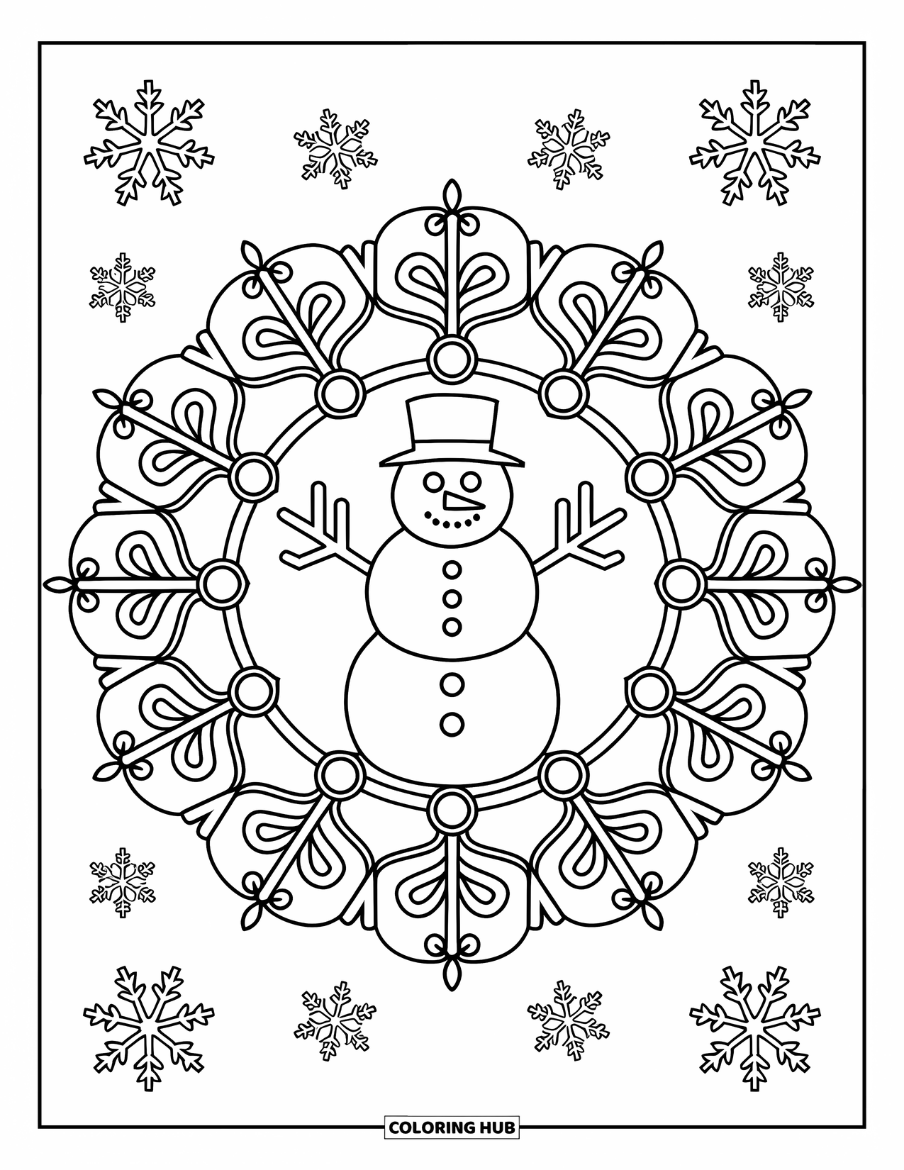 Desenho de boneco de neve para colorir para adultos: Um boneco de neve senta-se no centro de uma mandala detalhada, cercado por flocos de neve ornamentados e símbolos de inverno