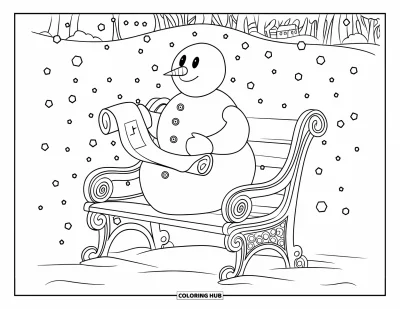 Coloriage de bonhomme de neige pour adultes : Un bonhomme de neige est assis sur un banc en bois orné, tenant un rouleau, tandis que la neige tombe doucement autour de la scène