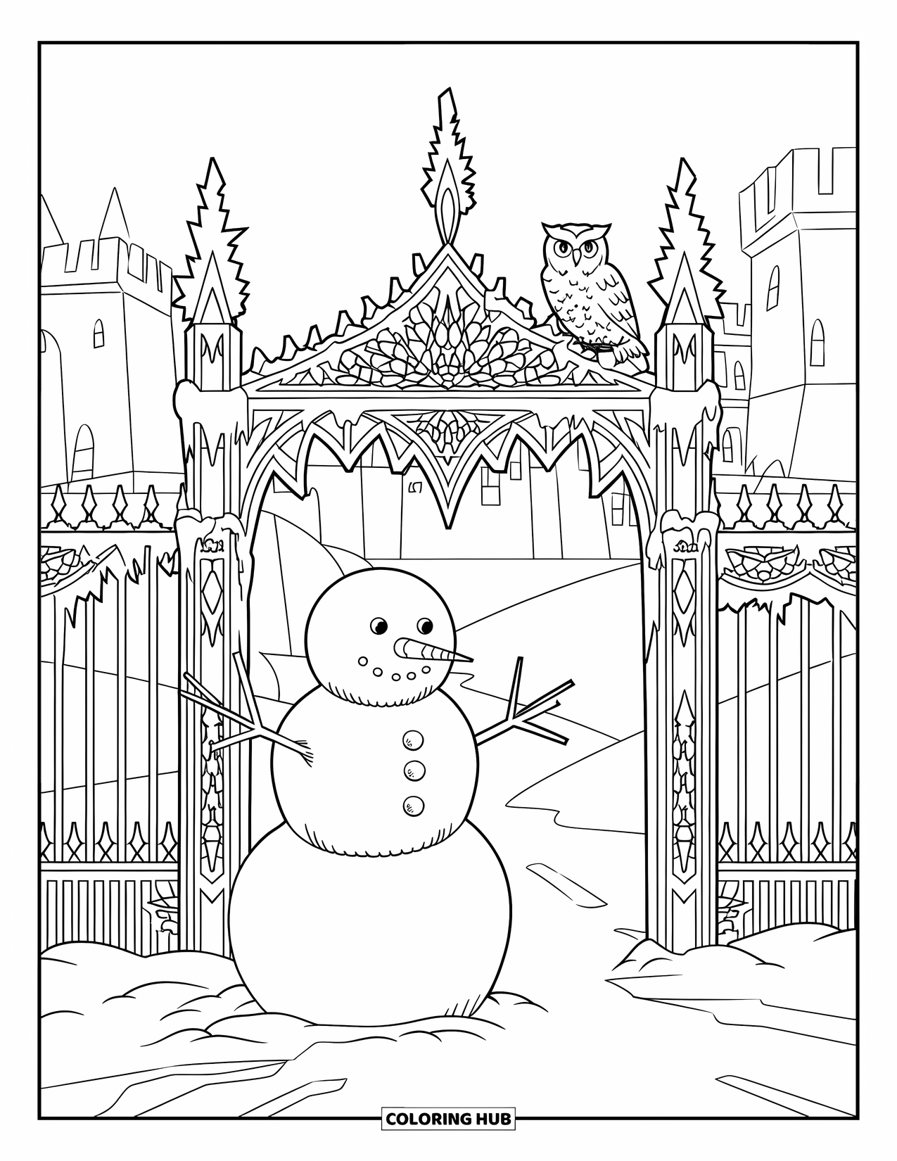 Desenho de boneco de neve para colorir para adultos: Um boneco de neve está na entrada de um grande portão coberto de gelo, com uma coruja observando de cima