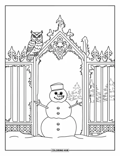 Coloriage de bonhomme de neige pour adultes : Un bonhomme de neige se dresse devant une porte de style gothique, avec un hibou perché sur la ferronnerie détaillée dans la neige