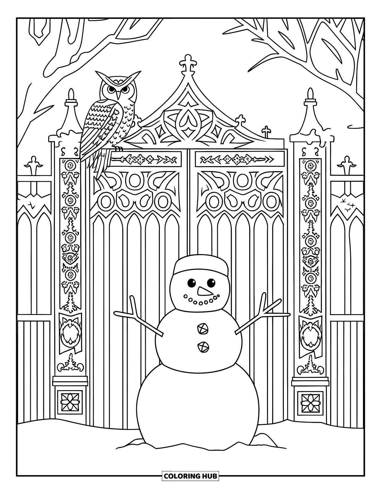 Desenho de boneco de neve para colorir para adultos: Um boneco de neve está diante de um portão gótico elaborado, com uma coruja empoleirada em sua intrincada estrutura de metal coberta de gelo