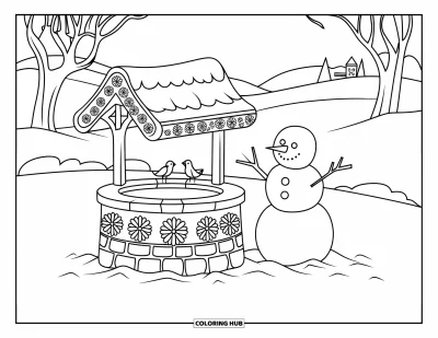 Coloriage de bonhomme de neige pour adultes : Un bonhomme de neige se dresse à côté d'un puits à souhaits en pierre détaillé, entouré d'arbres, de collines et d'un bâtiment éloigné