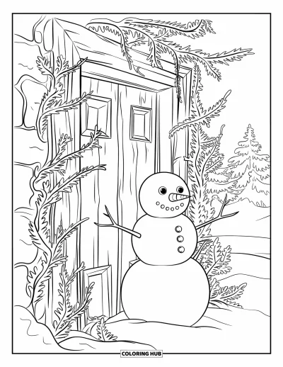 Coloriage de bonhomme de neige pour adultes : Un bonhomme de neige se dresse à côté d'une ancienne porte en bois, cachée derrière des branches chargées de givre et du lierre détaillé