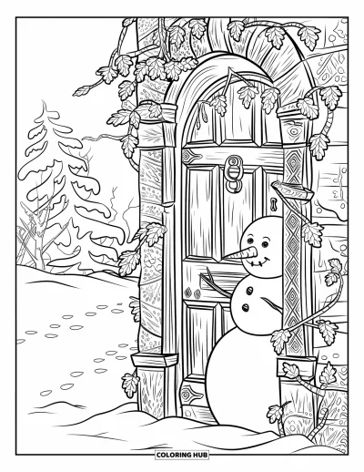 Coloriage de bonhomme de neige pour adultes : Un bonhomme de neige se dresse à côté d'une vieille porte en bois, partiellement cachée derrière du lierre complexe et des branches couvertes de neige
