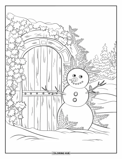 Coloriage de bonhomme de neige pour adultes : Un bonhomme de neige se dresse près d'une mystérieuse porte en bois, couverte de givre et entourée d'un paysage enneigé
