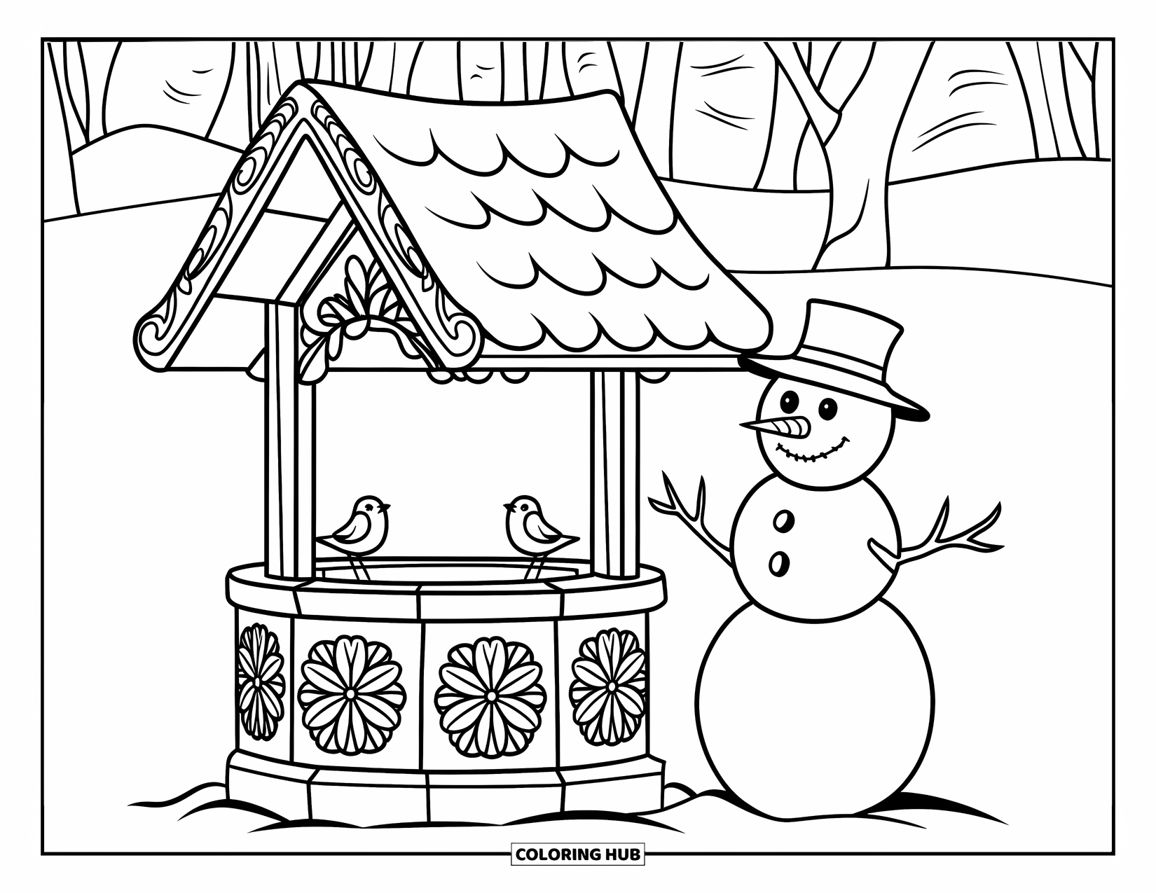 Desenho de boneco de neve para colorir para adultos: Um boneco de neve está ao lado de um poço dos desejos de pedra lindamente esculpido, onde dois pequenos pássaros se empoleiram na borda