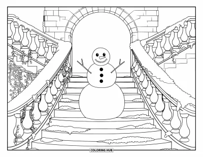 Coloriage de bonhomme de neige pour adultes : Un bonhomme de neige se dresse sur un ancien escalier en pierre, entouré de lierre couvert de givre et de balustrades sculptées