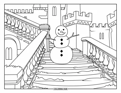 Coloriage de bonhomme de neige pour adultes : Un bonhomme de neige se dresse sur un vieil escalier en pierre, avec les tours d'un château et des fenêtres cintrées en arrière-plan