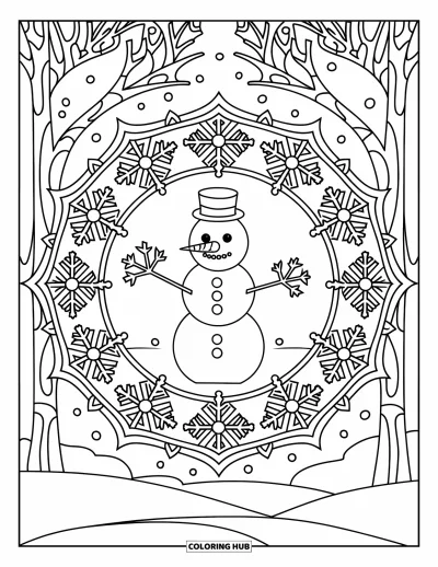 Coloriage de bonhomme de neige pour adultes : Un bonhomme de neige se dresse à l'intérieur d'un mandala orné, entouré de flocons de neige tourbillonnants et de délicats symboles hivernaux
