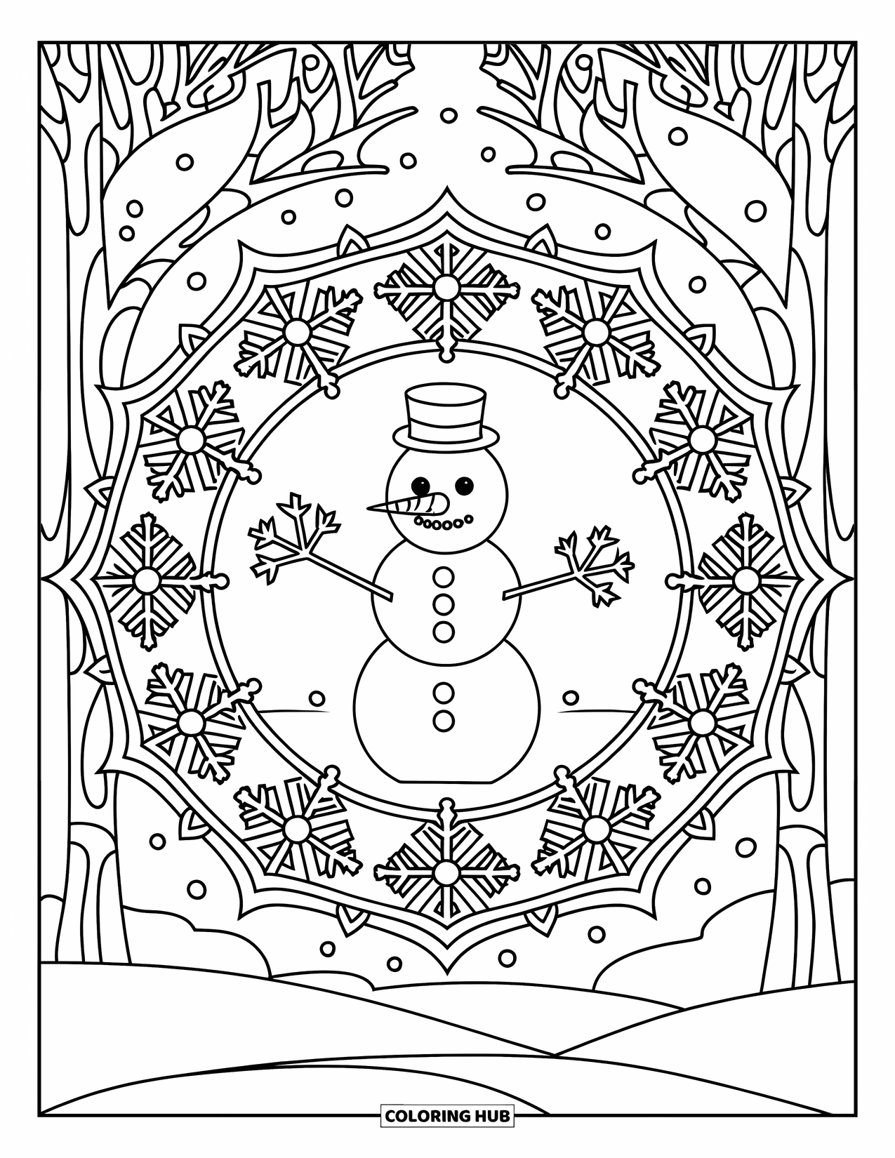 Desenho de boneco de neve para colorir para adultos: Um boneco de neve está dentro de uma mandala ornamentada, cercado por flocos de neve rodopiantes e delicados símbolos de inverno