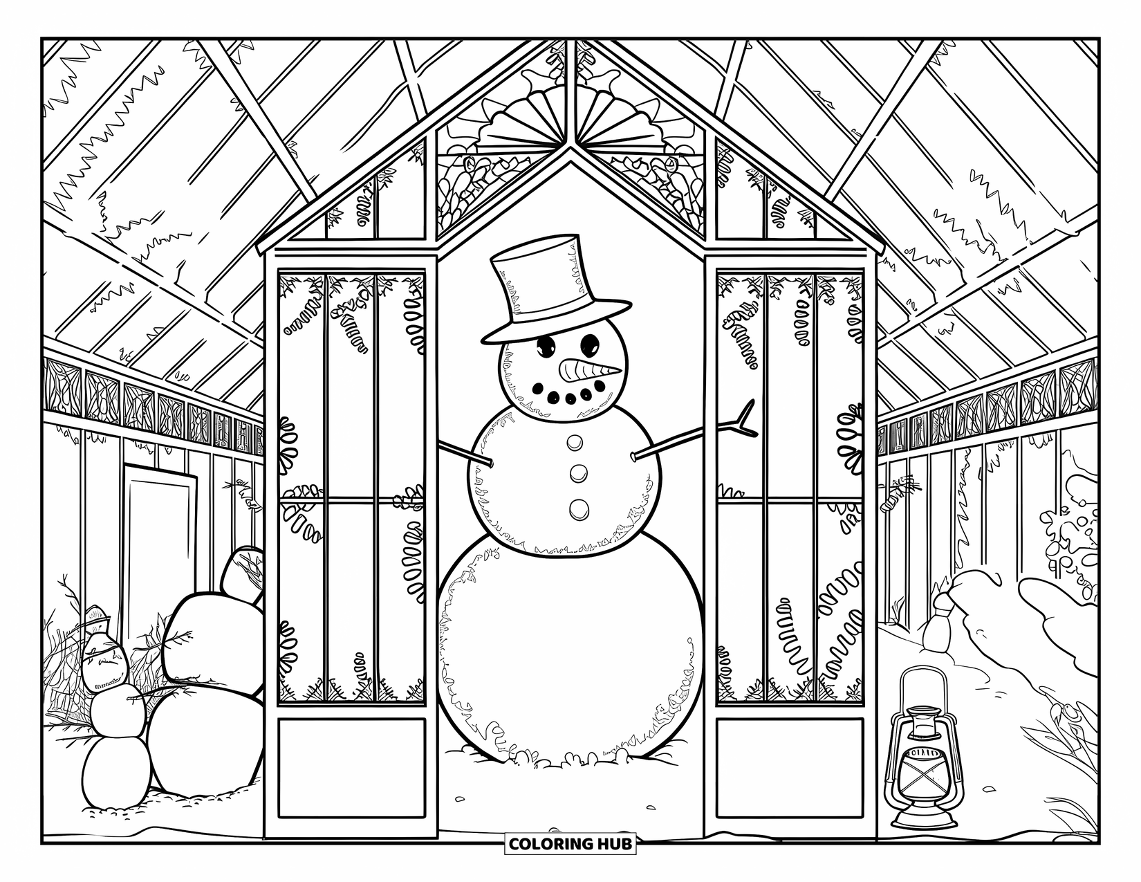 Desenho de boneco de neve para colorir para adultos: Um boneco de neve usando uma cartola está em uma estufa gelada, cercado por plantas e bonecos de neve menores