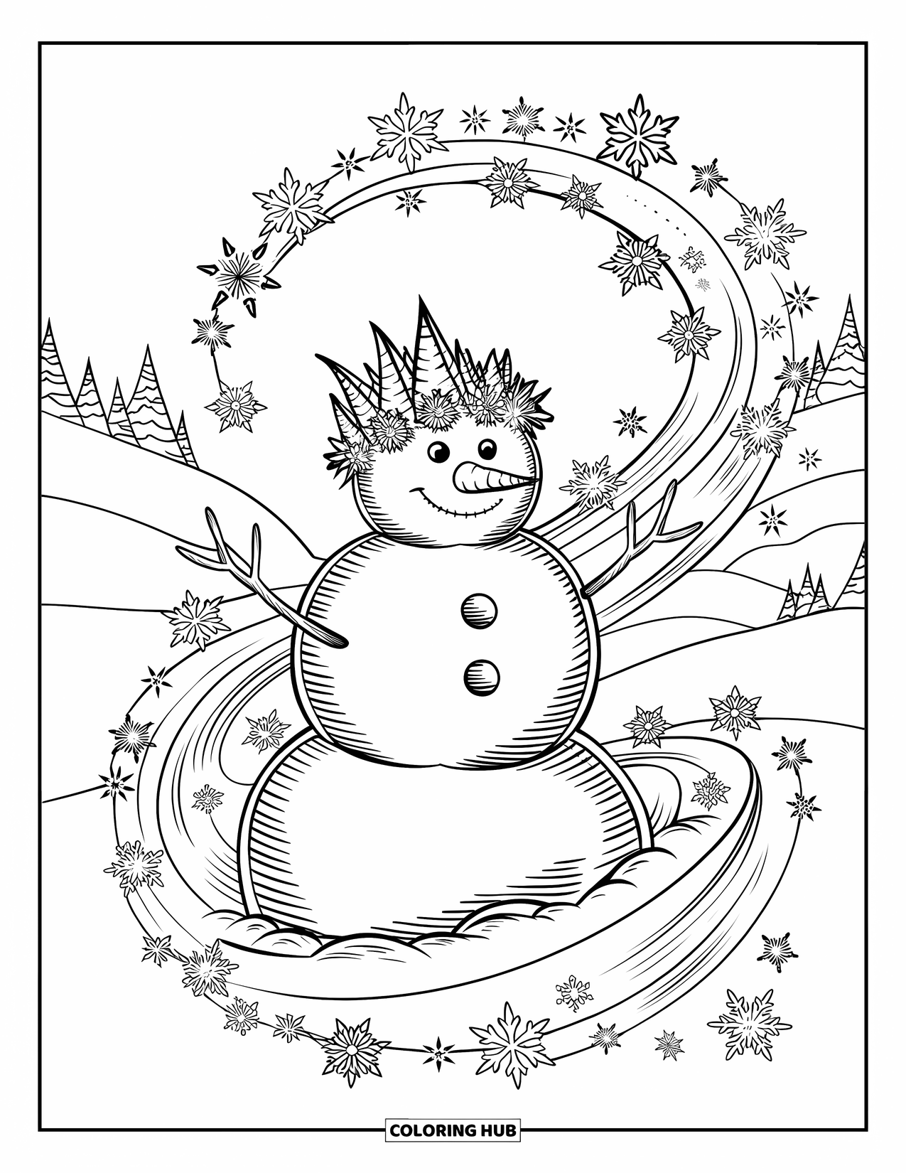 Desenho de boneco de neve para colorir para adultos: Um boneco de neve com uma coroa de folhas congeladas está em uma paisagem nevada, cercado por flocos de neve rodopiantes